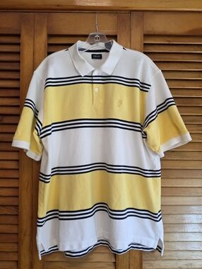 Izod Men's Short Sleeve Polo Shirt Striped Yellow & White 2 Button-Up Size XL